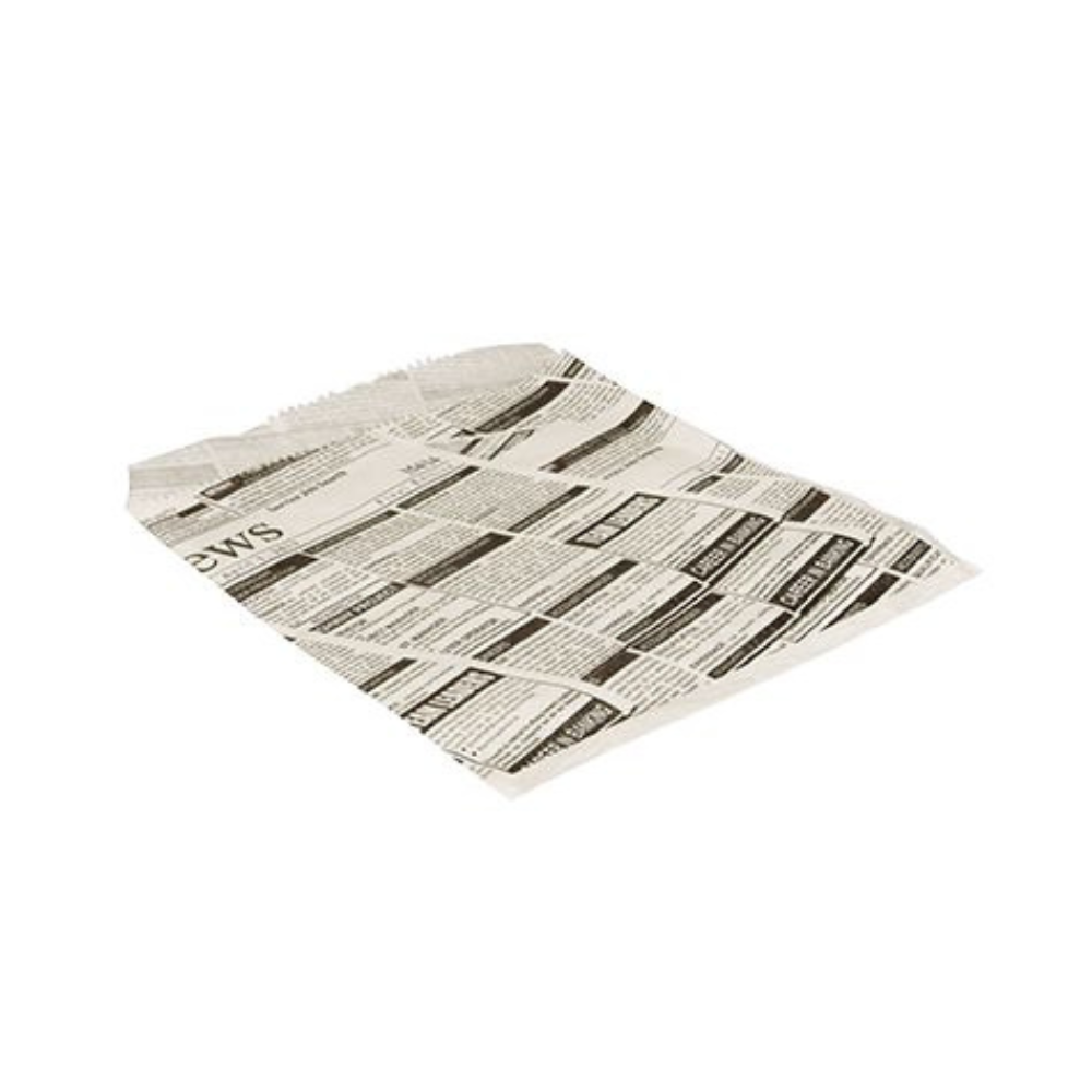 The PAPSTAR hamburger bags "Newsprint" (16x18 cm, greaseproof, 300 pieces) from PAPSTAR GmbH are perfect as a parchment substitute for wrapping or serving snacks and are in black and white newspaper design.