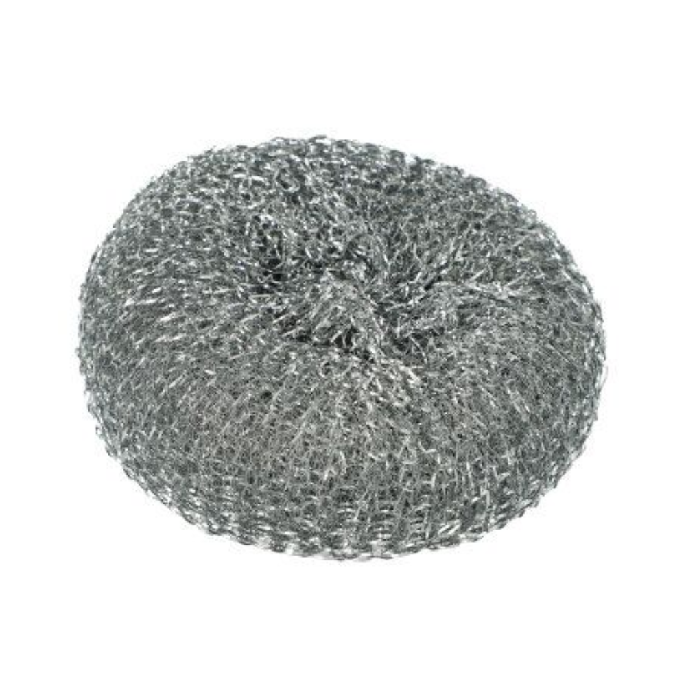 The Starpak 10 pot cleaner is a round, silver wire pot scrubber made of coiled stainless steel, ideal for removing stubborn stains from pans and kitchen surfaces. Brand: Starpak.