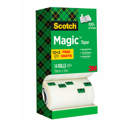 Eine grüne Schachtel Scotch® Magic™ Unsichtbares Klebeband von 3M (Vorteilspack: 14 Rollen, 19 mm x 33 m, 1 Stück), gekennzeichnet mit "12+2 gratis". Die Verwendung des Klebebands wird gezeigt; vier Rollen sind teilweise durch eine Öffnung sichtbar.