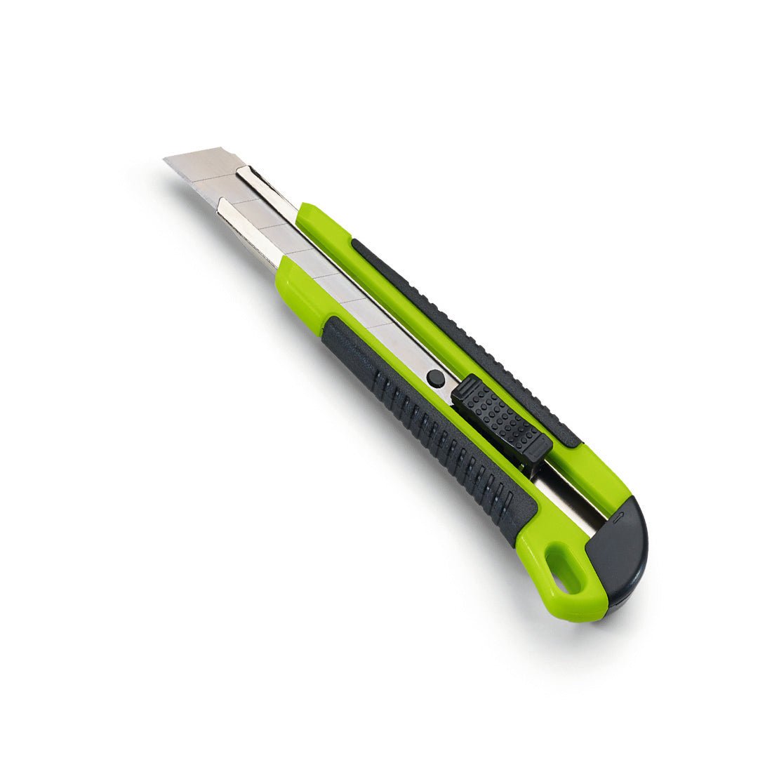 The Nölle Profi Brush Snap-Off Knife 2K is a green-black utility knife with an 18 mm blade width, a textured 2K handle, a retractable silver blade, and a sliding mechanism. Pictured on a white background. Brand: Nölle Profi Brush Brush & Paintbrush Technology e.K.
