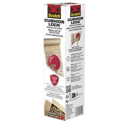 Eine Schachtel Scotch™ Cushion Lock™ Schutzverpackung (30,4 cm x 9,14 m, 1 Rolle) der 3M Deutschland GmbH wird aufrecht stehend mit Branding und mehrsprachigem Text gezeigt, der den Luftkissenschutz für empfindliche Gegenstände hervorhebt.