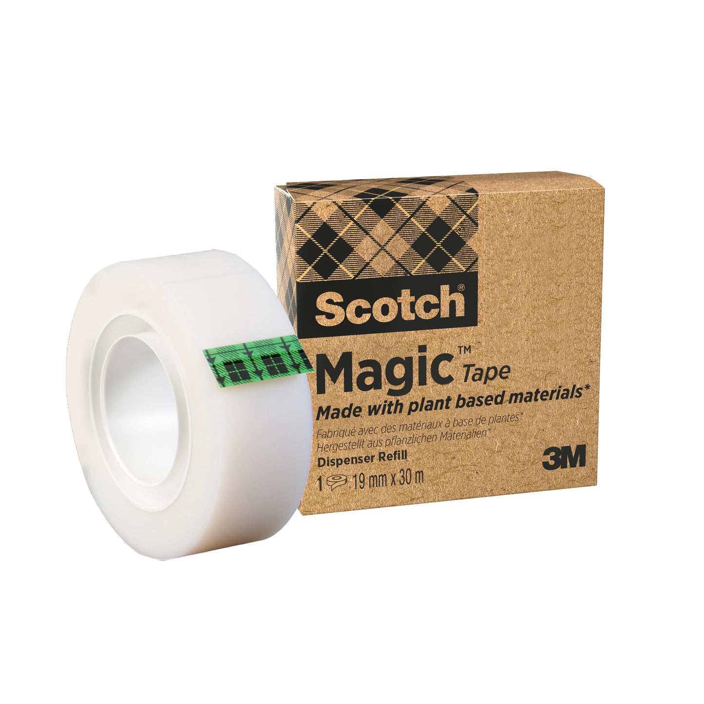 Eine Rolle Scotch® Magic™ Klebeband (19 mm x 30 m, 1 Rolle/Packung) von 3M Deutschland GmbH, hergestellt mit 66 % pflanzlichem Klebstoff, liegt neben der umweltfreundlichen Verpackung mit 3M-Logo und Produktdetails.