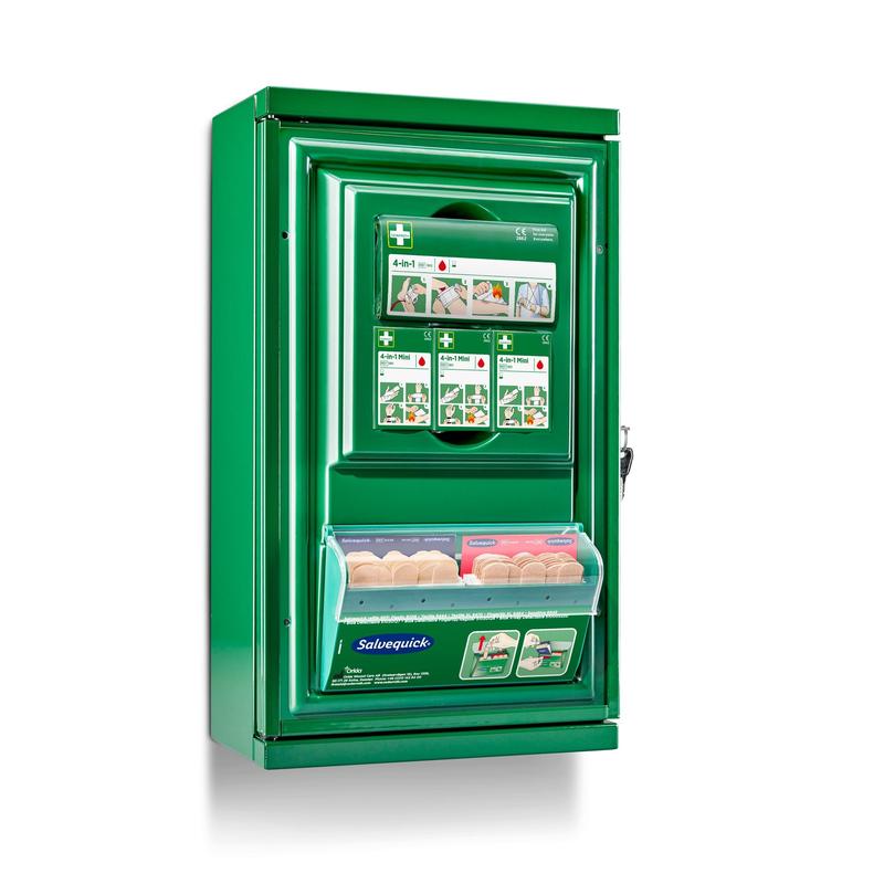 The Cederroth First Aid Cabinet Mini (Metal) by Orkla Wound Care AB features illustrated instructions, a transparent compartment with bandage boxes, labeled with Salvequick, and has a locking mechanism on the right side.