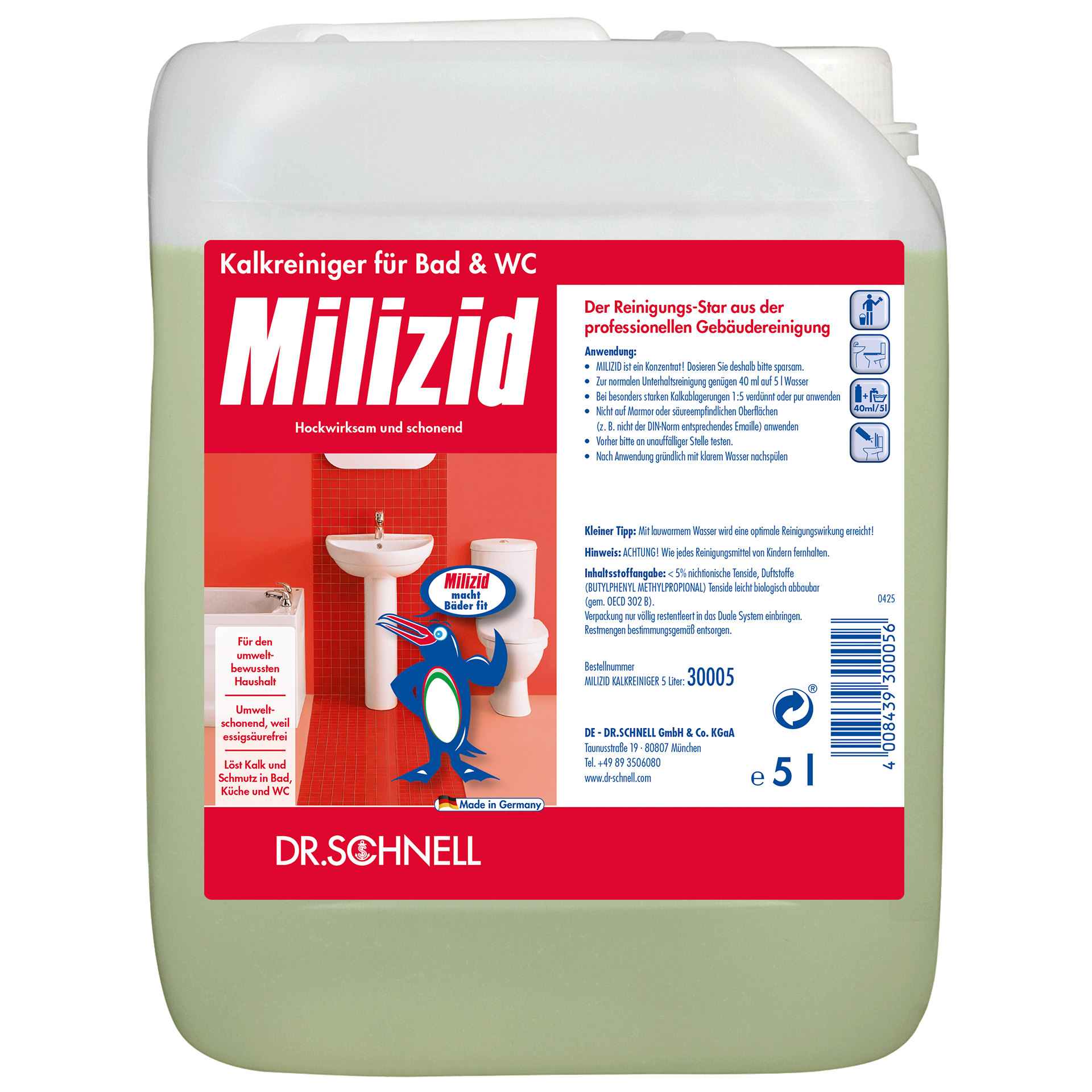 Ein 5-Liter-Gebinde von Dr. Schnell MILIZID KALKREINIGER der DR.SCHNELL GmbH & Co. KGaA, mit einem deutschen Etikett, das Badarmaturen und einen Cartoon-Pinguin zeigt, der die Produktflasche hält.