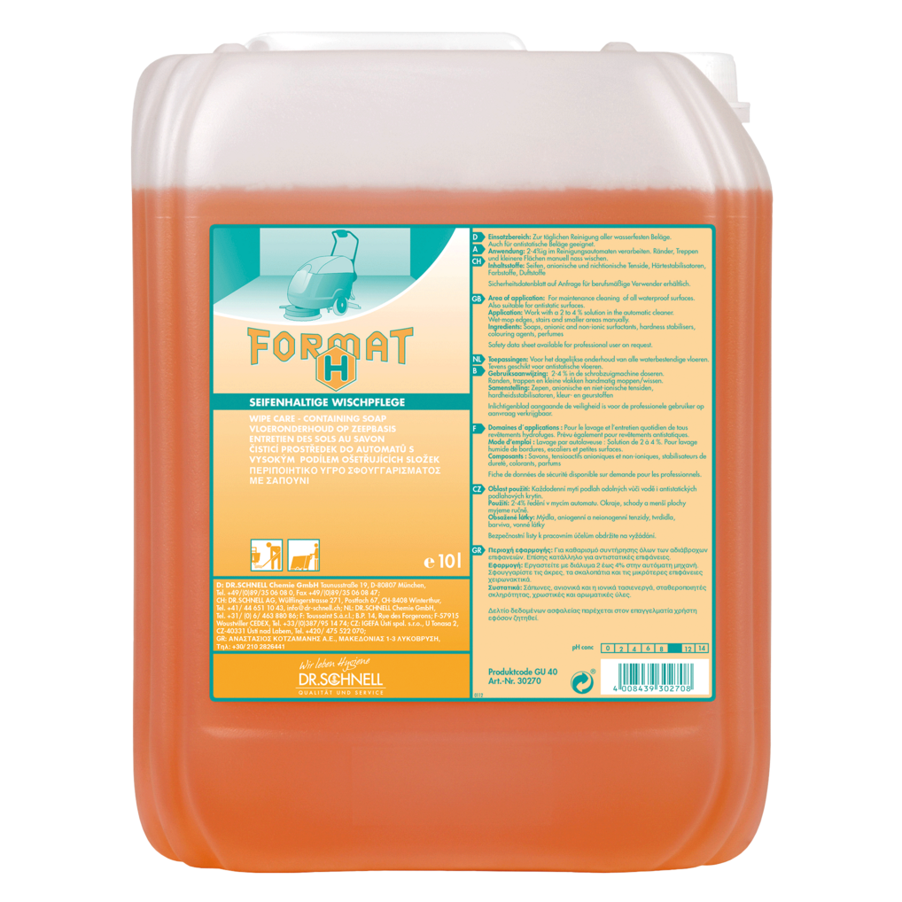 Ein 10-Liter-Behälter aus durchsichtigem Kunststoff mit orangefarbener Flüssigkeit und der Aufschrift "FORMAT HAT" enthält Dr. Schnell FORMAT H Intensivreiniger von DR.SCHNELL GmbH & Co. KGaA, mit Produkt-, Sicherheits- und Anwendungshinweisen in deutscher Sprache für den professionellen Einsatz.