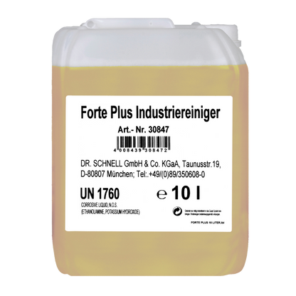 Ein 10-Liter-Transluzenzbehälter von Dr. Schnell FORTE PLUS INDUSTRIEREINIGER der DR.SCHNELL GmbH & Co. KGaA mit weißem Etikett mit Produkt-/Herstellerangaben, UN 1760 und Sicherheitshinweisen; gelbe Flüssigkeit für Industrie Reinigung und starke Verschmutzungen.