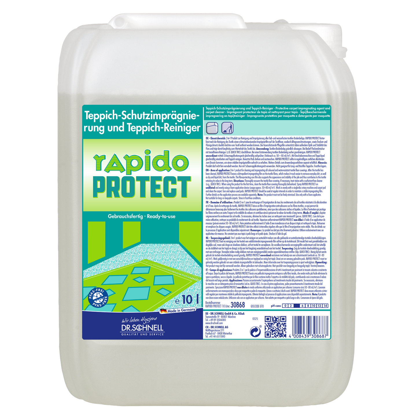 Ein 10L Kanister Dr. Schnell RAPIDO PROTECT Fahrzeugreinigung, Teppich-Reiniger und Imprägnierung von DR.SCHNELL GmbH & Co. KGaA, mit deutschem Etikett und Teppich-Grafik. Ideal für die Fahrzeugreinigung.