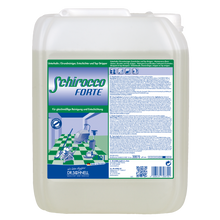 Ein großer durchsichtiger Kunststoffbehälter mit der Aufschrift "Dr. Schnell SCHIROCCO FORTE" der DR.SCHNELL GmbH & Co. KGaA, mit grünem und weißem Branding, Reinigungsgrafik, Spezialreiniger-Anleitung für die professionelle Reinigung, einem Griff und einem Schraubverschluss.