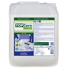 Ein 10 L Kunststoffkanister der Dr. Schnell TOPCARE ECO Universaldispersion für die ökologische Gebäudereinigung der DR.SCHNELL GmbH & Co. KGaA trägt ein grün-weißes Etikett mit mehrsprachigen Hinweisen, Bildern und Produktinformationen.