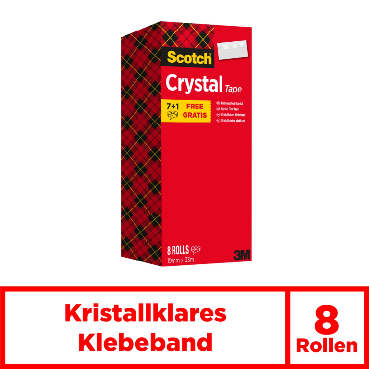 Eine rote Schachtel der 3M Deutschland GmbH Scotch® Crystal Klebeband, transparent, Vorteilspack mit karierter Seite trägt die Aufschrift "8 Rollen", "Kristallklares Klebeband", hebt "7+1 Free" hervor und enthält Klebebänder im Format 19 mm x 33 m.