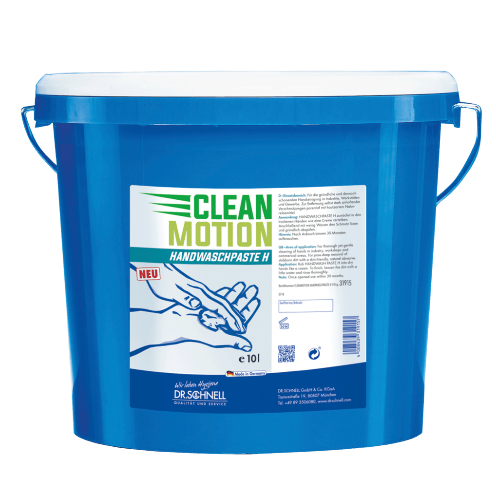 Ein blauer 10L Kunststoffeimer mit weißem Deckel und Griff, beschriftet mit "Dr. Schnell CLEANMOTION Handwaschpaste H, starke Hautreinigung mit Reibemittel" von DR.SCHNELL GmbH & Co. KGaA; deutsche Produktinformation und Handwaschmittel-Grafik auf der Vorderseite.