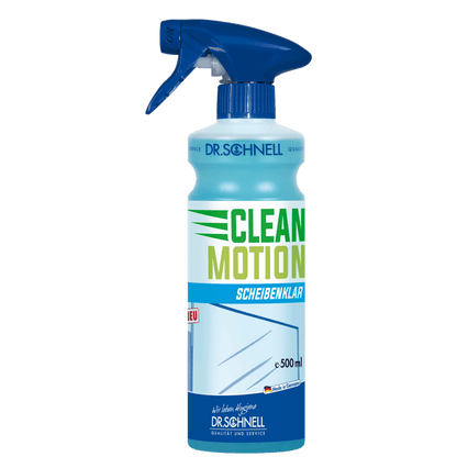 A 500 ml spray bottle of DR.SCHNELL GmbH & Co. KGaA Dr. Schnell CLEANMOTION SCHEIBENKLAR glass cleaner, with a blue trigger and a white-blue label with green lettering, for streak-free cleaning.