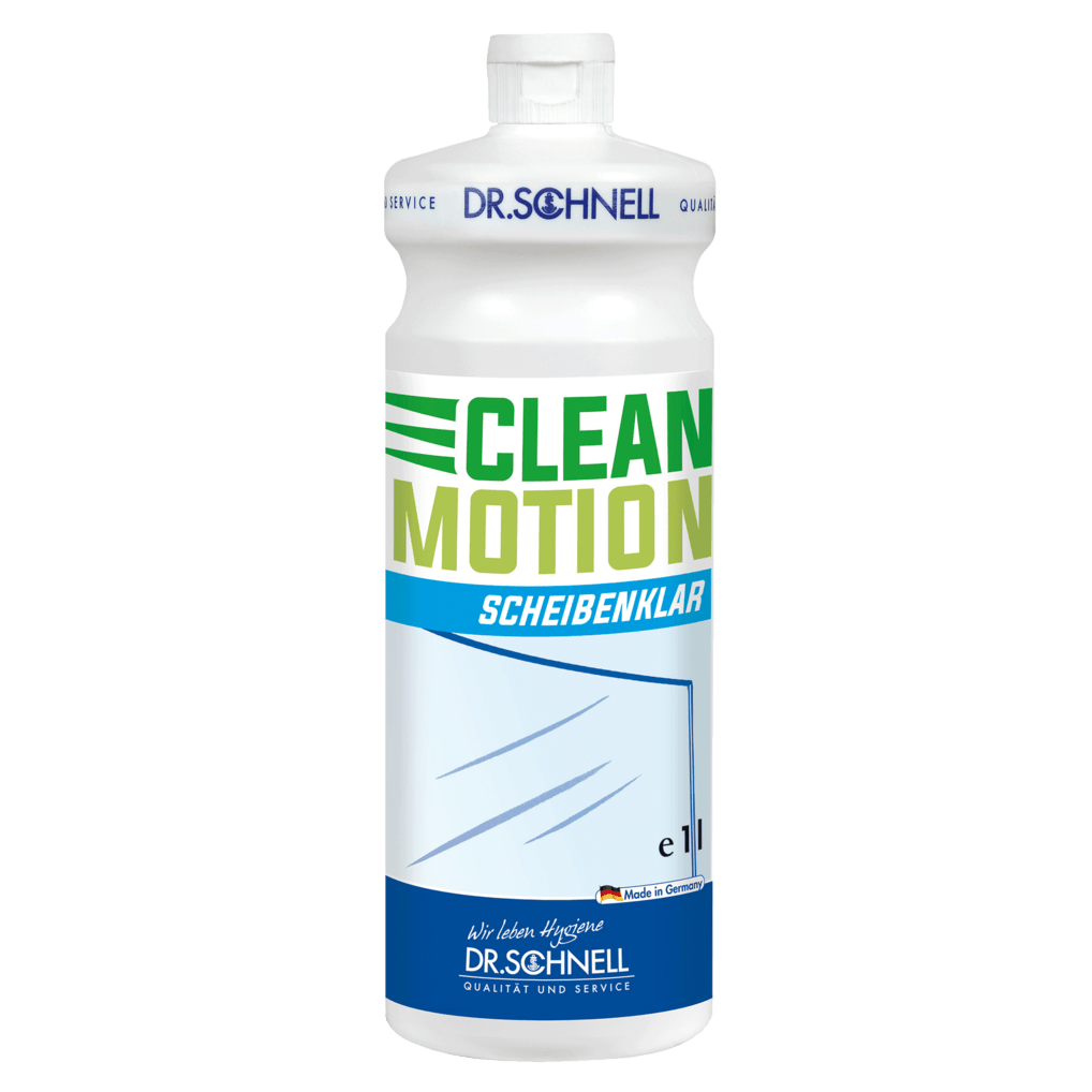 A white 1L plastic bottle labeled "Dr. Schnell CLEANMOTION SCHEIBENKLAR" from DR.SCHNELL GmbH & Co. KGaA with blue, green, and yellow lettering and a window illustration; this glass cleaner ensures streak-free, crystal-clear cleaning.