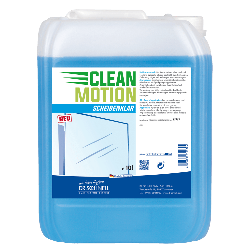 A 10-liter plastic container of Dr. Schnell CLEANMOTION SCHEIBENKLAR from DR.SCHNELL GmbH & Co. KGaA, with product info and a windshield graphic on the label - ideal glass cleaner for streak-free cleaning.