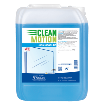 A 10-liter plastic container of Dr. Schnell CLEANMOTION SCHEIBENKLAR from DR.SCHNELL GmbH & Co. KGaA, with product info and a windshield graphic on the label - ideal glass cleaner for streak-free cleaning.