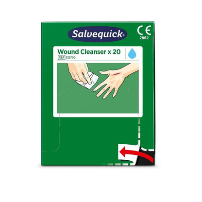 A green box of Orkla Wound Care AB's Salvequick savett wound cleaner (0.9% NaCl, sterile), pack of 20 pieces. The front shows another hand cleaning with a wipe, a water drop symbol, and the reference number 323700.