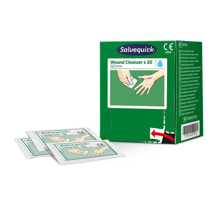 A green box labeled "Salvequick savett wound cleaner (0.9% NaCl, sterile) 20 pieces" from Orkla Wound Care AB stands upright with an illustration of hands using a cleaning wipe. In front, two individual wound cleaning sachets are depicted.