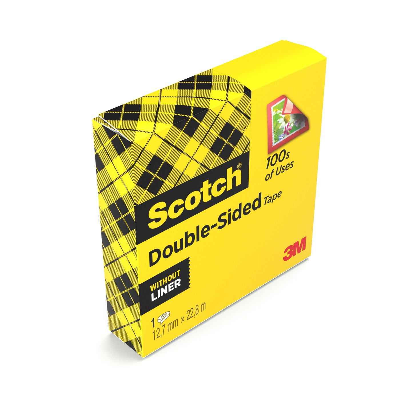 Eine gelbe Schachtel Scotch® doppelseitiges Klebeband von 3M Deutschland GmbH, 12 mm x 22,8 m, mit schwarzem Karomuster und den Aufschriften "100s of Uses" und "Without Liner". Enthält 1 Rolle pro Packung.