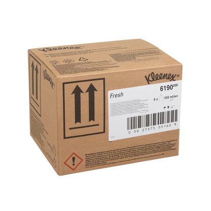 A brown carton labeled "Kleenex® Scented Air Freshener Refill Pack 6190 | Carton (6 bottles)" by Kimberly-Clark GmbH is equipped with symbols, warning notices, and a white barcode sticker - ideal for storing room freshening products.