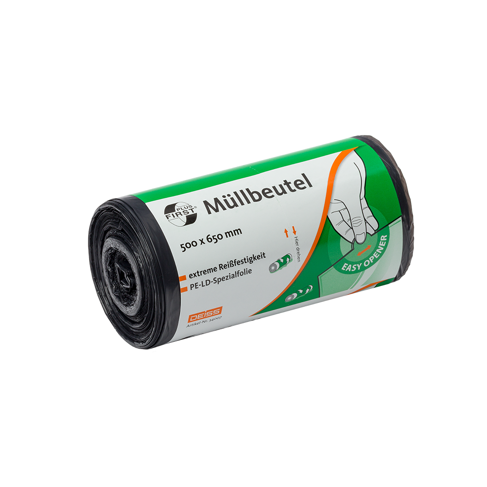 Der EMIL DEISS KG (GmbH + Co.) DEISS 34007 Müllbeutel, 500x650 mm grau, Rolle mit 50 Stück, ideal für Bürobedarf. Die graue Rolle zeigt eine Handgrafik und ein "easy opener"-Symbol für einfaches Öffnen.