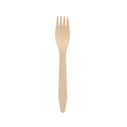 A single PAPSTAR wooden fork "pure" (16.5 cm), light brown with a flat handle and four short tines, rests on a simple white background - an eco-friendly choice for disposable tableware, from PAPSTAR GmbH (100 pieces folding box).