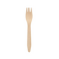 A single PAPSTAR wooden fork "pure" (16.5 cm), light brown with a flat handle and four short tines, rests on a simple white background - an eco-friendly choice for disposable tableware, from PAPSTAR GmbH (100 pieces folding box).
