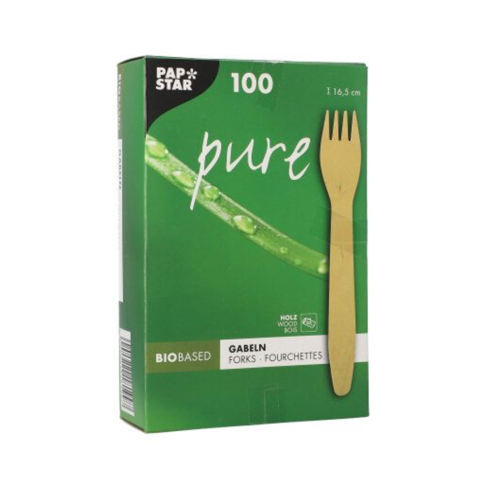 A green folding box from PAPSTAR GmbH with the inscription "wooden forks pure" contains 100 eco-friendly, sturdy wooden forks (16.5 cm), with a fork and plant stem image on the front.