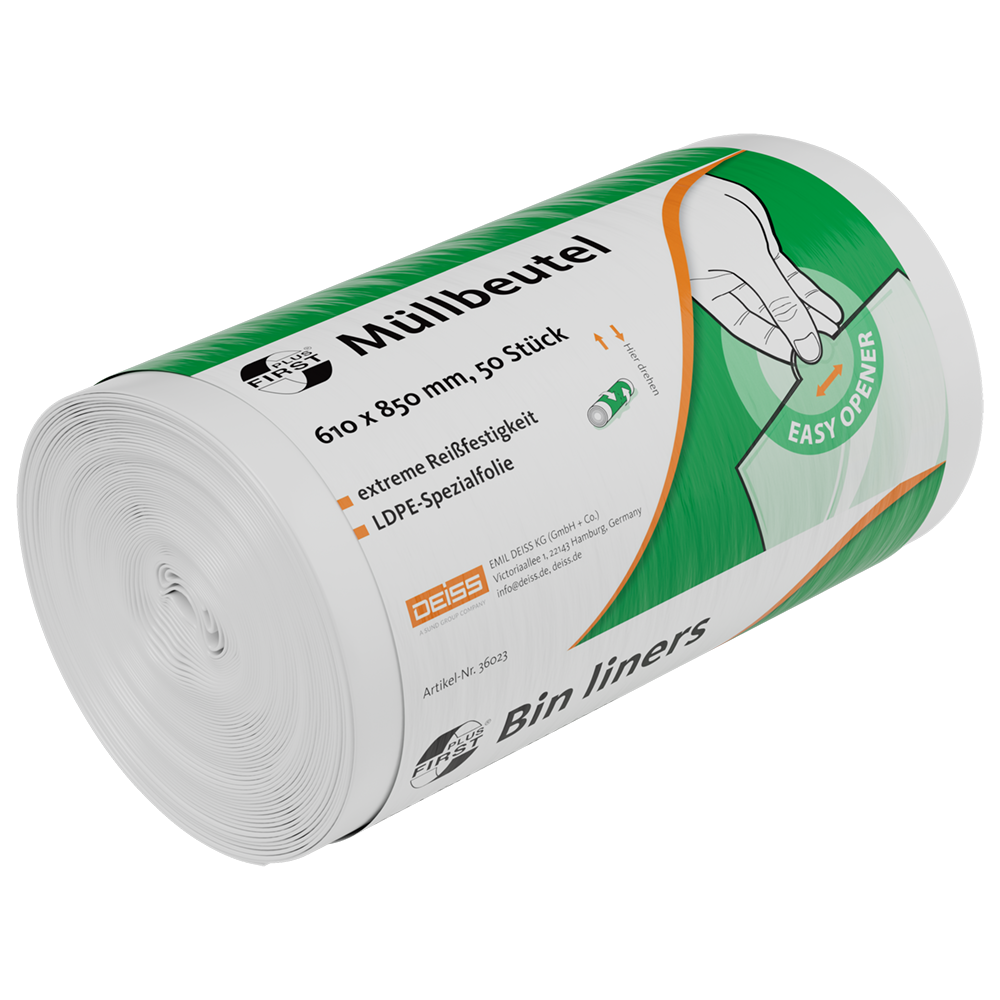 Eine Rolle EMIL DEISS KG (GmbH + Co.) DEISS 36023 Müllbeutel (610x850 mm, weiß, 50 Stück) in robuster Verpackung mit deutsch/englischem Text. Sie sind leicht zu öffnen, extrem reißfest und mit LDPE-Spezialfolie ausgestattet.