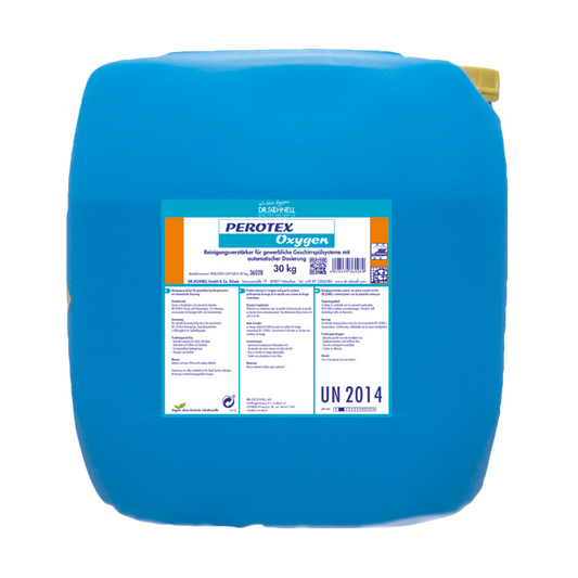 Ein großer blauer 30 kg Kunststoffkanister mit der Aufschrift "Dr. Schnell PEROTEX OXYGEN Reinigungsverstärker für gewerbliche Spülmaschinen, Aktiv-Sauerstoff" der DR.SCHNELL GmbH & Co. KGaA, mit Gefahrenhinweisen, gelber Kappe und weißem Etikett mit Symbol.