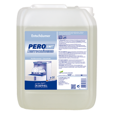 Ein 5-Liter-Kanister Dr. Schnell PERO ENTSCHÄUMER der DR.SCHNELL GmbH & Co. KGaA, für die Küchen- und Lebensmittelhygiene, ist für die Verwendung in Geschirrspülern gekennzeichnet und enthält Anweisungen, Warnhinweise und ein Bild für die Spülmaschine.