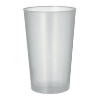 A Starpak reusable plastic cup made of transparent plastic, with a smooth surface and a slightly conical shape, stands upright against a plain white background.