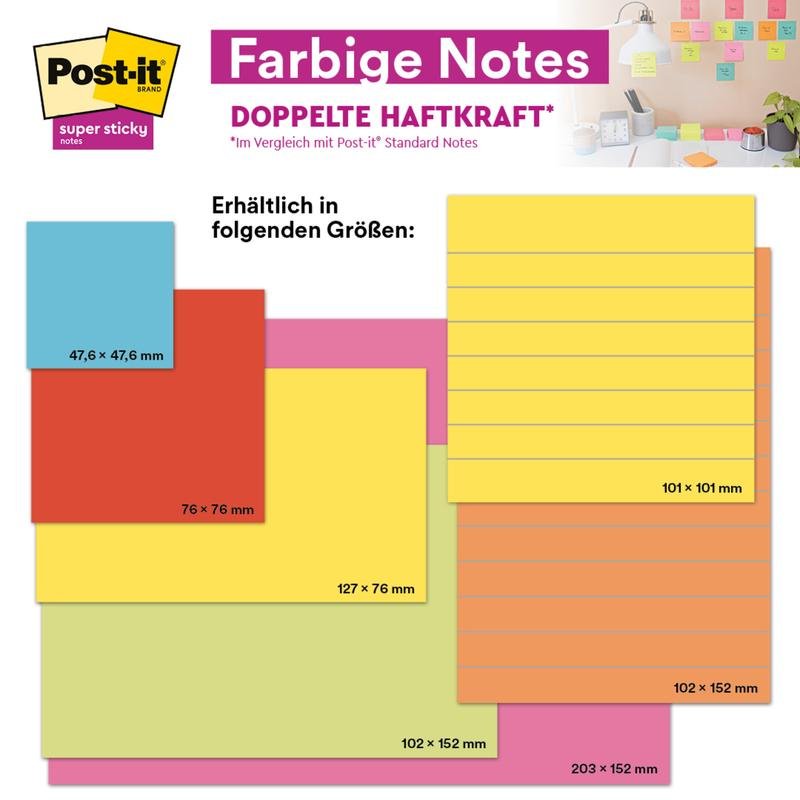 Post-it® Super Sticky Notes (76 mm x 76 mm, 90 sheets/block, 100% PEFC) from 3M Deutschland GmbH are shown on the left in various colors and with size specifications. In the top right corner, a workspace with these notes is depicted.