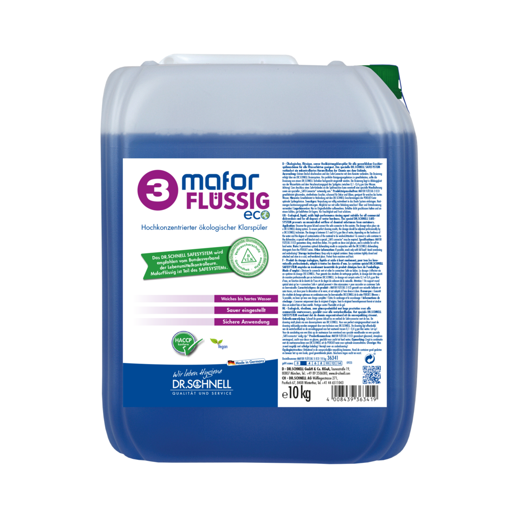 Ein 10-kg-Kunststoffbehälter von Dr. Schnell MAFOR FLÜSSIG 3 ECO Klarspüler für Geschirrspülmaschinen (DR.SCHNELL GmbH & Co. KGaA) mit violetter Flüssigkeit, weißem Etikett, blauer Schrift, Anwendungshinweisen und Zertifizierungslogos.