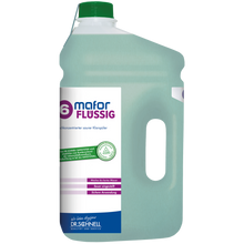 Ein großer, durchsichtiger Kunststoffbehälter mit grünem Schraubverschluss und Griff enthält Dr. Schnell MAFOR FLÜSSIG 6 Klarspüler für Geschirrspülmaschinen von DR.SCHNELL GmbH & Co. KGaA; er enthält eine hellblau-grüne Flüssigkeit und eine deutsche Anleitung auf dem Etikett.
