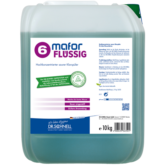 Ein 10-kg-Rechteckbehälter von Dr. Schnell MAFOR FLÜSSIG 6 Klarspüler für Geschirrspülmaschinen von DR.SCHNELL GmbH & Co. KGaA, mit deutschen Produktangaben und Anweisungen auf einem weiß-grün-lila Etikett.