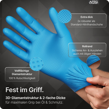 Eine Hand trägt ARNOWA GmbH PROGRIP NITRIL DIAMOND BLUE reißfeste Einmalhandschuhe aus Nitril mit Diamantstruktur. Overlays zeigen zusätzlichen Grip, Haltbarkeit und Rollrand. Deutscher Text erklärt ihren Einsatz bei Öl und Schmutz.