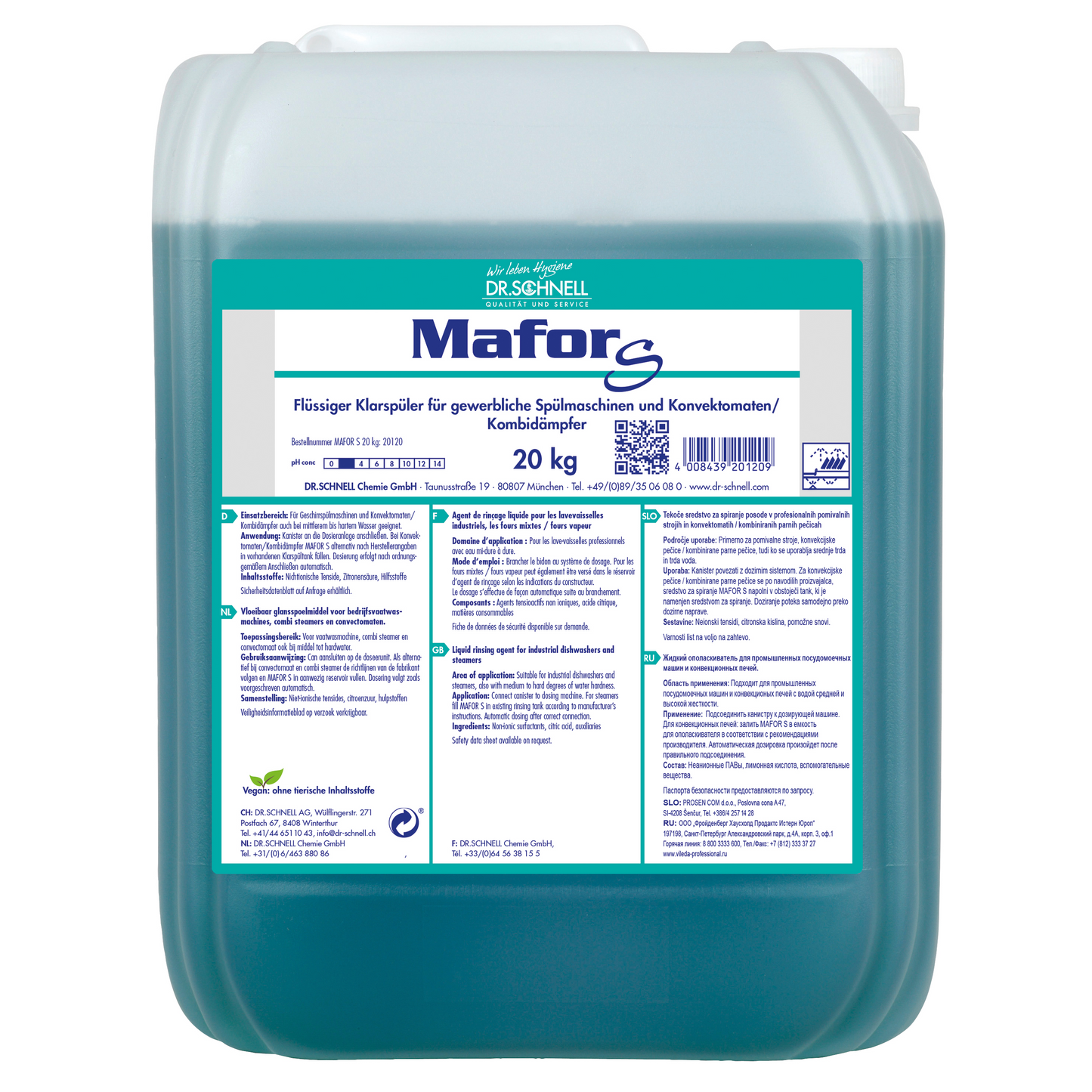 Ein 20 kg Kunststoffbehälter Dr. Schnell MAFOR EVO S Klarspüler für Geschirrspülmaschinen der DR.SCHNELL GmbH & Co. KGaA, zur streifenfreien Trocknung und Kalkvermeidung; Etikett mit Infos, Hinweisen, Warnungen in deutscher Sprache.