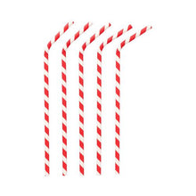 Fünf PAPSTAR Trinkhalme Papier rot/weiß "Stripes", flexibel, 22 cm (PAPSTAR GmbH) liegen nebeneinander auf weißem Hintergrund, jeder umweltfreundliche Halm ist oben im gleichen Winkel gebogen.