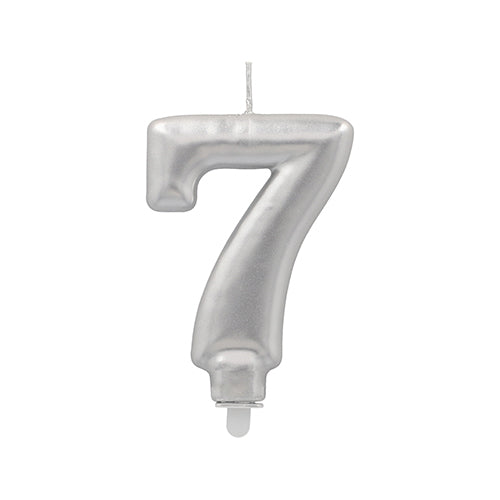 Die PAPSTAR GmbH Zahlenkerze mit Halter (7 cm, silber) zeigt die Zahl sieben mit Docht an der Spitze vor weißem Hintergrund.