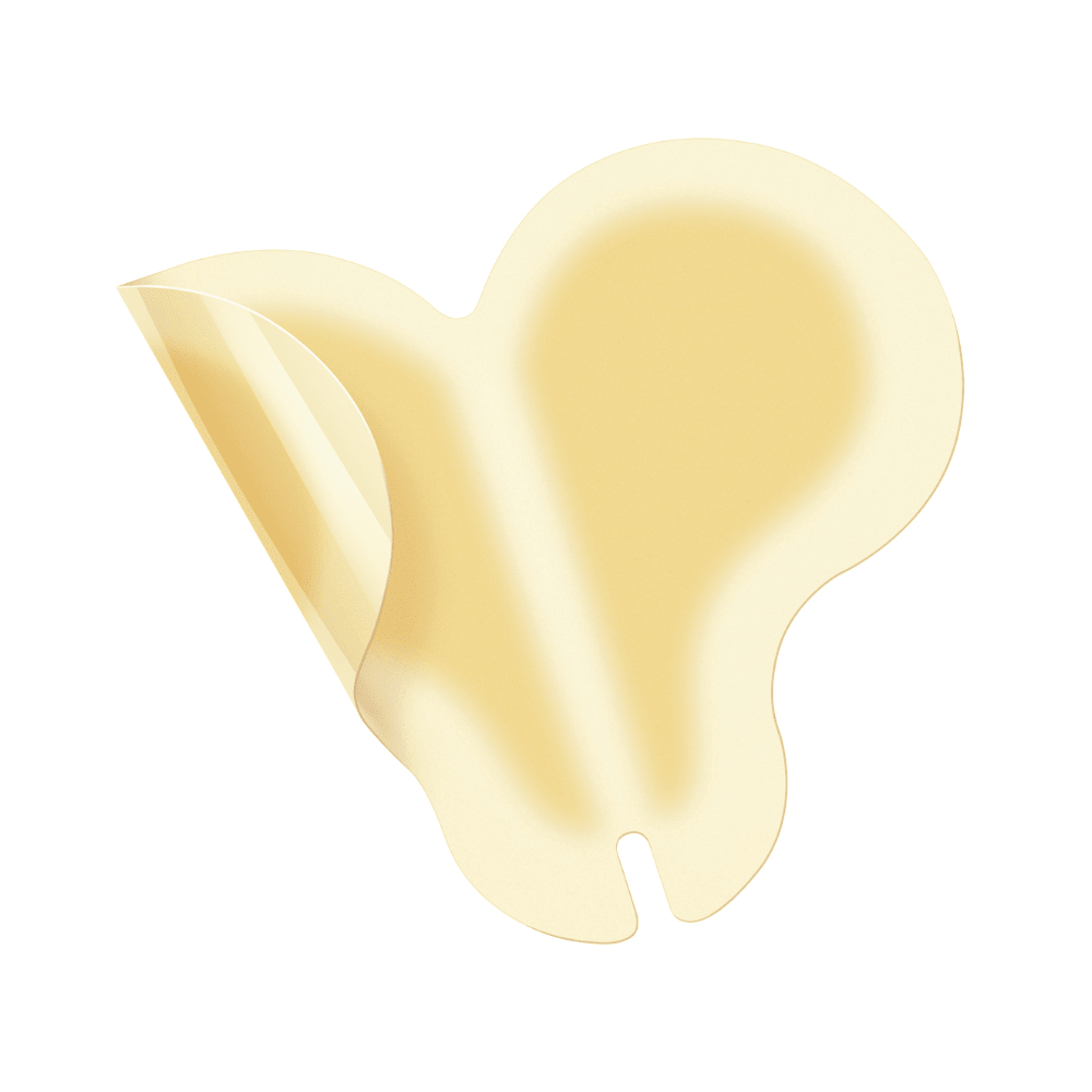 Auf weißem Hintergrund ist ein einzelner Hartmann Hydrocoll Classic Sacral Verband (12 x 18 cm, beige, Schmetterlingsform) der Paul Hartmann AG teilweise von der Unterlage abgezogen zur feuchten Wundbehandlung zu sehen. Packung enthält 5 Stück.