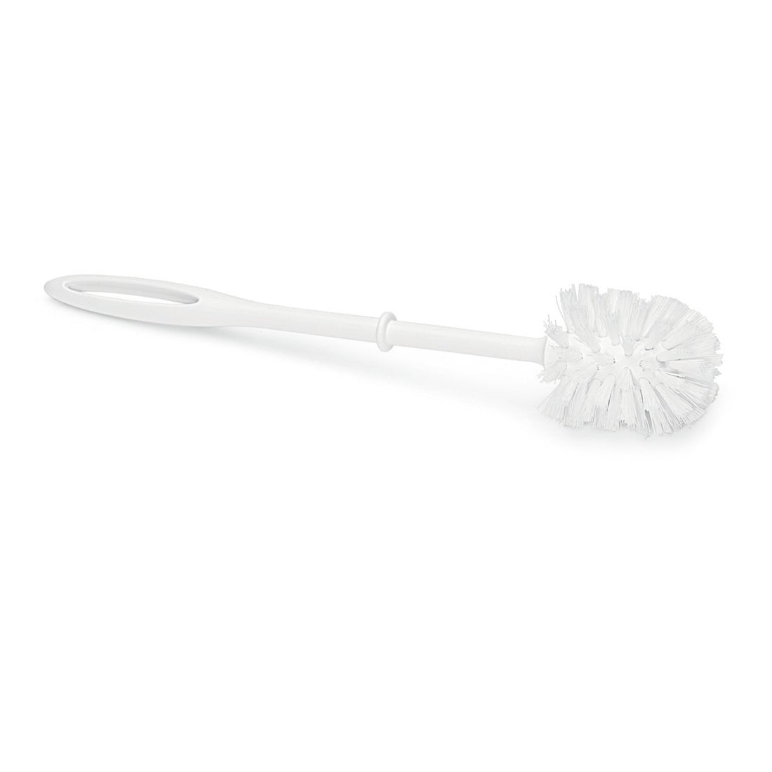 The Nölle Profi Brush toilet brush from Nölle Profi Brush Bürsten- & Pinseltechnik e.K. has a small round head with a diameter of 65 mm, is 38 cm long, and features a white plastic design with an oval hole at the end of the handle.