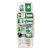 The Orkla Wound Care AB First Aid Kit, LARGE (1 unit) contains labeled compartments with bandages, gauze, adhesive bandages, scissors, antiseptic wipes, gloves, wound dressings, and a first aid guide for emergencies.
