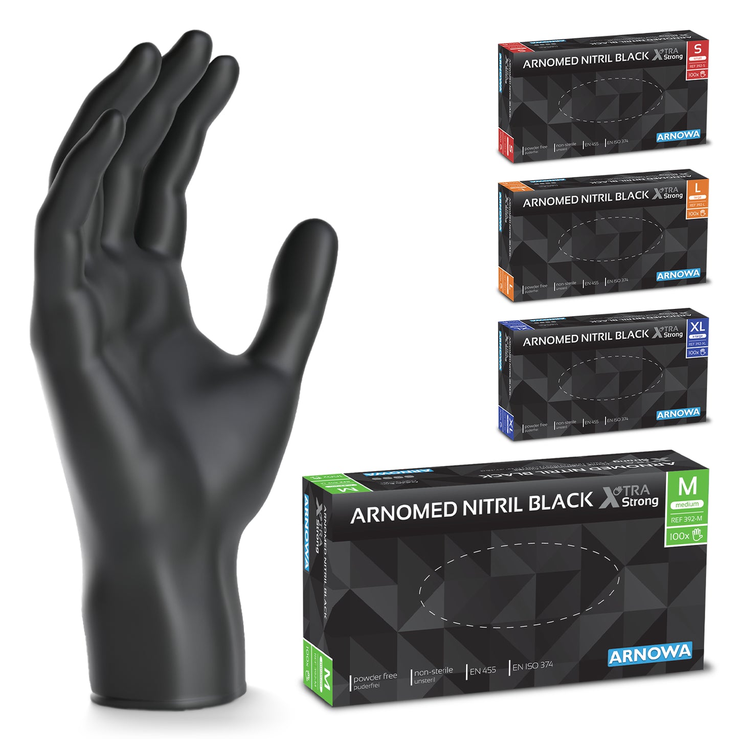 Ein schwarzer Nitril-Einmalhandschuh steht aufrecht neben vier Boxen "ARNOWA GmbH ARNOMED NITRIL BLACK XTRA STRONG Extra dicke Einmalhandschuhe aus Nitril in Schwarz" in S (rot), M (grün), L (orange) und XL (blau); vorn der extra dicke grüne Karton.