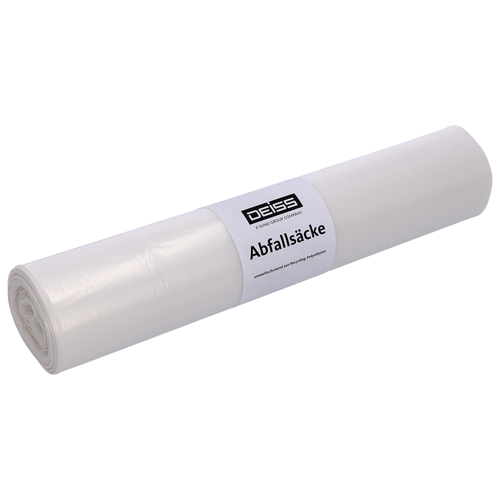 Abgebildet ist eine 25er-Packung DEISS 39321 Müllsäcke (700x1100 mm, Typ 60, transparent-klar) der EMIL DEISS KG (GmbH + Co.) in klarer Kunststoffverpackung auf einfarbig weißem Hintergrund.