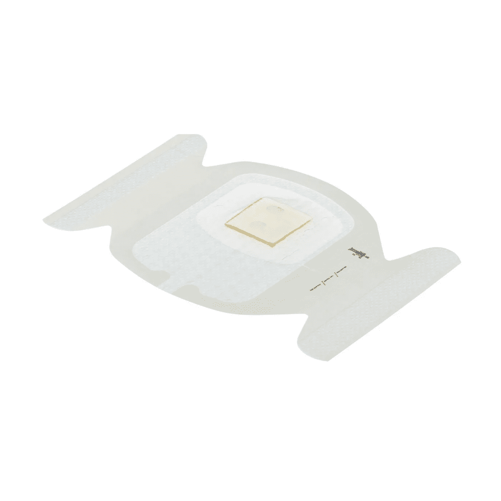 The 3M Tegaderm CHG Chlorhexidine Gluconate I.V. Dressing (7 x 8.5 cm) from Solventum Germany GmbH is a transparent antimicrobial dressing with a central white pad and sensor on a plain white background, designed to help reduce catheter infections.