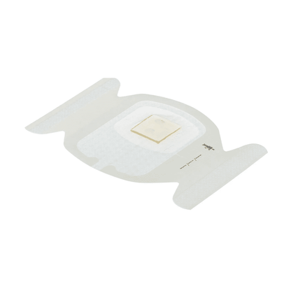 The 3M Tegaderm CHG Chlorhexidine Gluconate I.V. Dressing (7 x 8.5 cm) from Solventum Germany GmbH is a transparent antimicrobial dressing with a central white pad and sensor on a plain white background, designed to help reduce catheter infections.