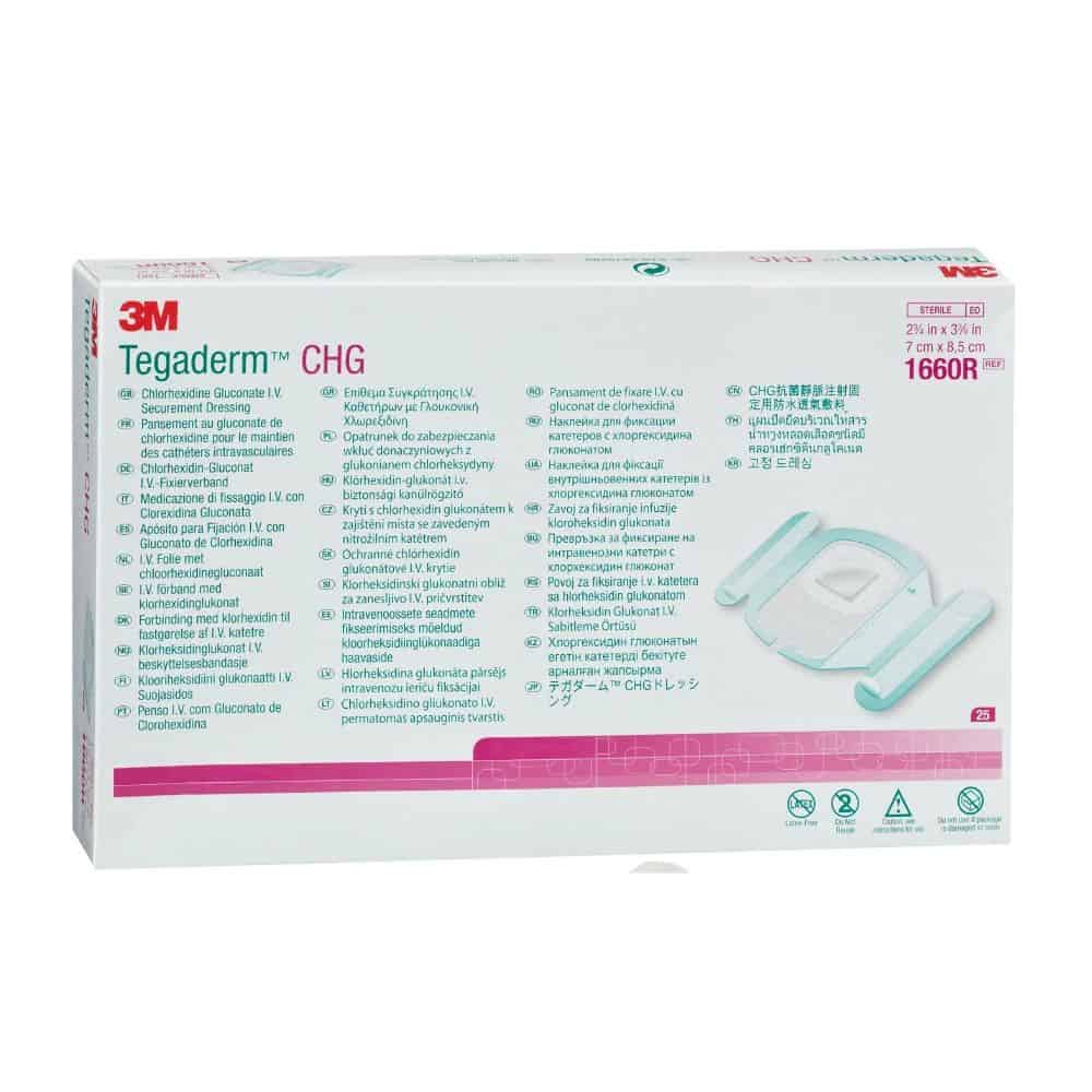 A rectangular box of 3M Tegaderm CHG Chlorhexidine Gluconate I.V. Dressing (7 x 8.5 cm) from Solventum Germany GmbH contains instructions and specifications in several languages on a predominantly white packaging with blue/red accents to prevent catheter infections.