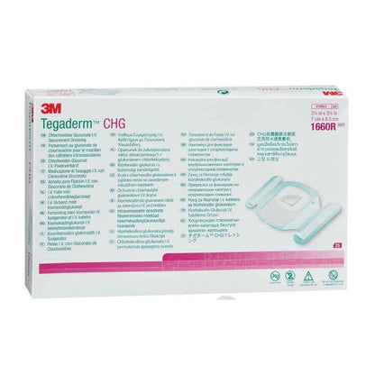 A rectangular box of 3M Tegaderm CHG Chlorhexidine Gluconate I.V. Dressing (7 x 8.5 cm) from Solventum Germany GmbH contains instructions and specifications in several languages on a predominantly white packaging with blue/red accents to prevent catheter infections.