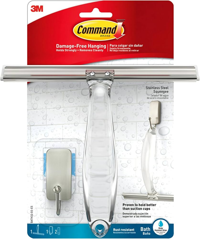 Command™ Bad- und Duschabzieher, rostfreier Edelstahl und Nickel satiniert BATH32, 1 Abzieher + 1HK + 2 S Strips | Packung (1 Set)