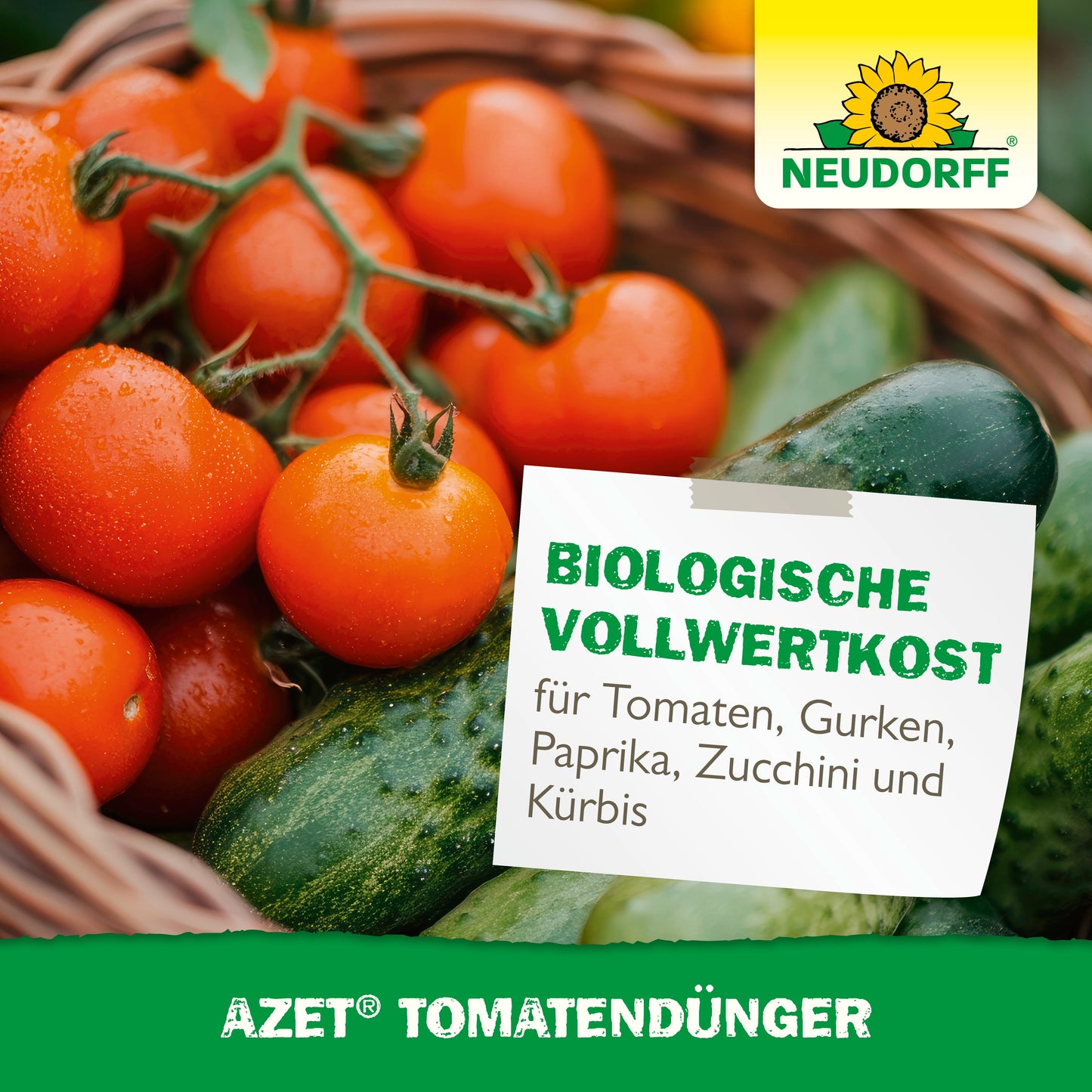 Unter dem Logo des Neudorff Shops und der Aufschrift "reiche Ernte und organischer Volldünger für Tomaten, Gurken, Paprika"-Azet TomatenDünger steht ein Weidenkorb voller frischer Tomaten, Gurken und grüner Paprika.